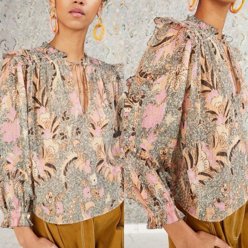 Ulla Johnson Lara Blouse Ivory Metallic Silk Boho Preppy Floral Career Womens 2